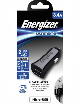 Chargeur de Voiture ENERGIZER 2 Ports USB + Câble vers Micro USB